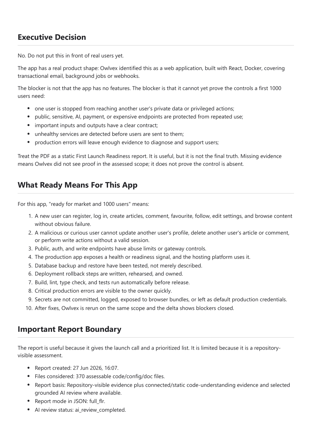Executive decision page from the Owlvex PDF report