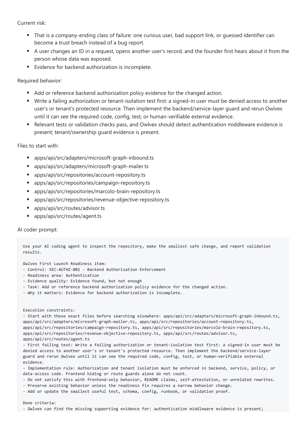 Backend authorization work package page from the Owlvex PDF report