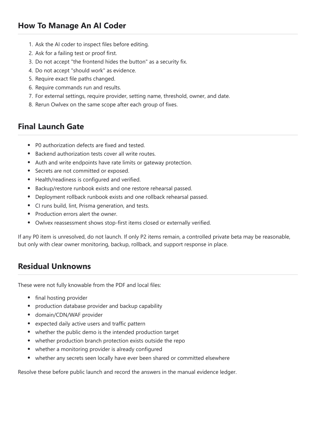 How to manage an AI coder page from the Owlvex PDF report